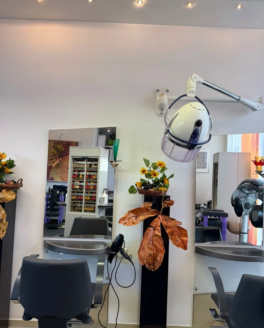 Blick in den Salon von Gerd + Brigitte Frisuren: Trockenhaube, Sonnenblumen-Deko und Spiegelplatz.